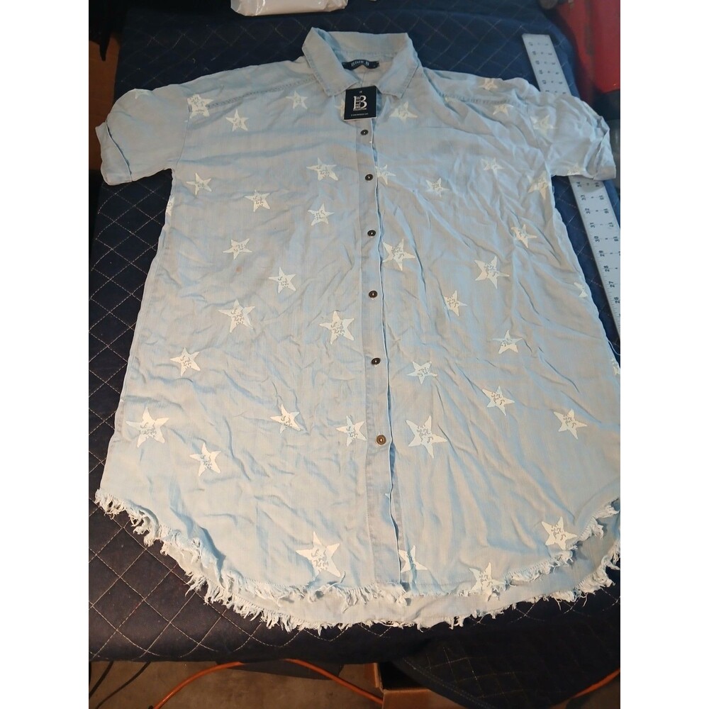 Blue B Collection Distressed Denim Star Print Button-Up Shirt - Size M